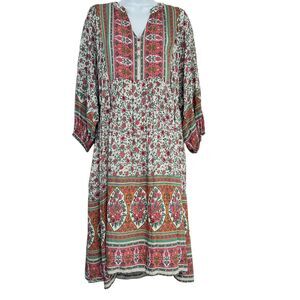 JODIFL Floral Boho V-Neck Babydoll Midi Dress Size L